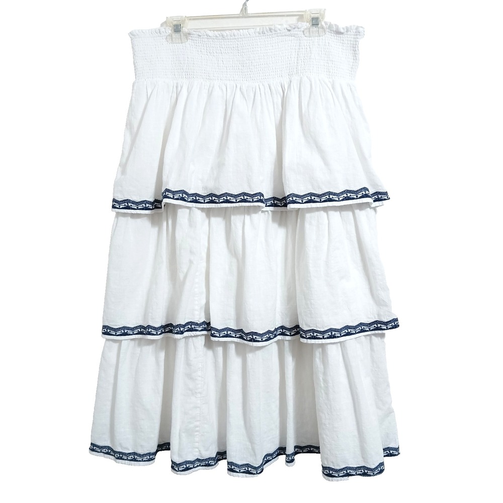 INC Bohemian Tiered Smocked Cotton Embroidered Women Midi Skirt XL White Blue